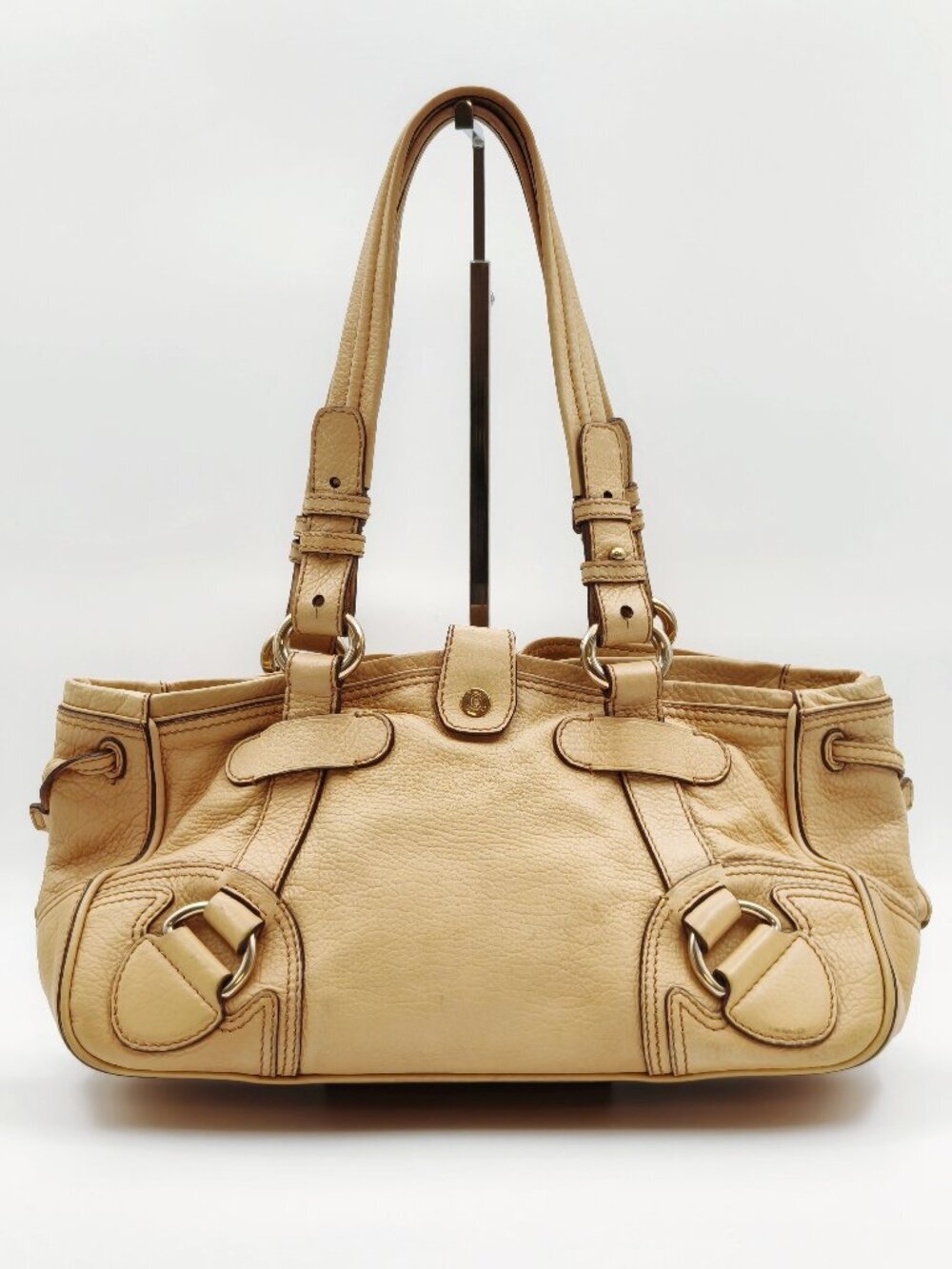 Celine Boogie Bag Beige Grained Leather Shoulder Tote Satchel Silver Hardware